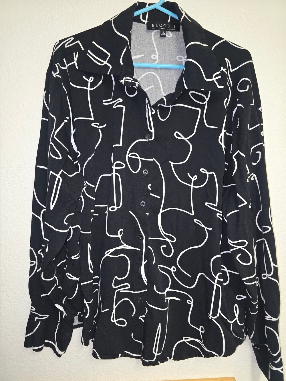 Eloquii Black Button-Up Blouse with White Abstract Line Print